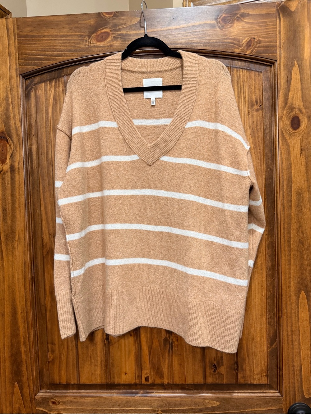 aerie Beige and White Striped V-Neck Sweater